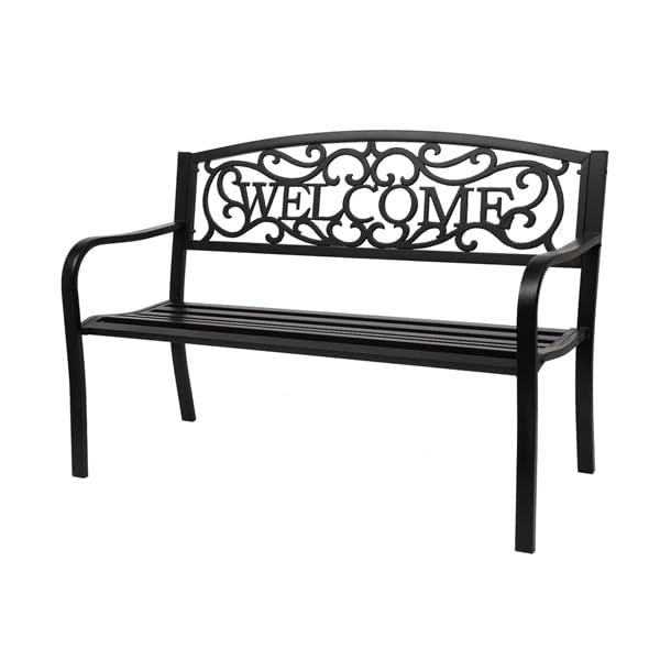 50" Outdoor Metal Welcome Bench, Garden Bench with Slatted Seat, Patio Bench for Park, Porch, Yard, Entryway, Black Generic