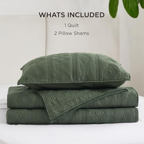 Bedsure 100% Cotton Quilt Set - King Size Bedspread, Lightweight Soft Bed Coverlet, 3-Piece Cozy Stitching Quilt Set with 2 Pillow Shams in Geometric Pattern for All Season, 106x96 inches, Olive Green Bedsure