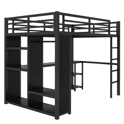 Full Size Loft Bed with Desk and Storage Shelves, Full Size Loft Bed with Wardrobe, Hanging Rod, Guardrail and Ladder, Balck Bellemave