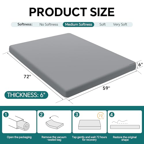 HOMBYS Japanese Floor Mattress Futon, 6" Thick Tatami Sleeping Pad with Memory Foam + High-Density Support Foam, Foldable Roll Up Mat for Adults Kids, Guest Bed Dormitory Tent Camping, Grey HOMBYS