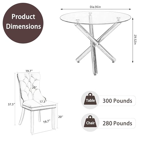 HAIZAO 5 Pieces Gold Round Glass Dining Table Set, Modern Luxury Circle Kitchen Set for 4, 36'' Clear Minimalist Circular Glass Top Dinner Room Set, Black High-end Tufted Chairs, for Small Place HAIZAO