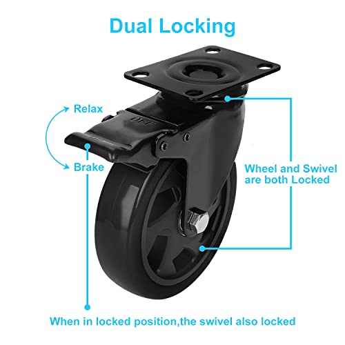 PRITEK 5 inch Caster Wheels Bearing 1800lbs 4 Pack Heavy Duty Rubber Plate Casters All with Safety Brake No Noise Lockable Swivel Casters (Include PRITEK