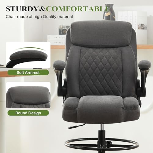 Drafting Chair Tall Office Chair for Standing Desk, Ergonomic Tall Desk Chair with Adjustable Foot Ring, Flip-Up Armrests, Lumbar Support, Comfortable Fabric Seat โ Ideal for Home and Office Use MAHOMICO