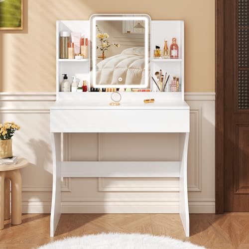 Vinabilia Small Vanity Desk with Mirror and Lights, Makeup Vanity with Storage Drawer, 2 Shelves and 3 Compartments - White Vinabilia