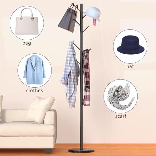 Durmmur Heavy Duty Coat Rack with Natural Marble Base, Freestanding Metal Coat Stand with 8 Hooks, Modern Stable Coat Hanger Tree for Bags, Jacket, Clothes, and Hats, Black Metal Durmmur