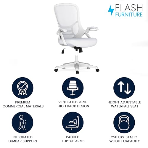 Flash Furniture Porter High-Back Swivel Office Chair with Adjustable Lumbar Support and Height, Ergonomic Mesh Desk Chair with Flip-Up Armrests, White Flash Furniture