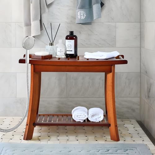 Jekruiet Teak Shower Chair Stool, 24 Inch Shower Bench Seat, Wooden Bathroom Bench with Storage Shelf for Adults, Elderly, Disabled Indoor & Outdoor Use Jekruiet