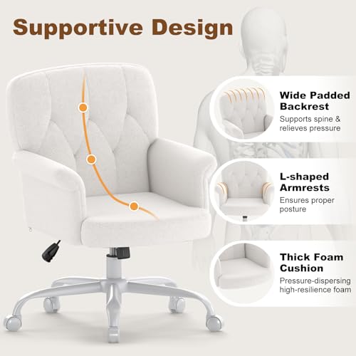 Keratee Comfy Home Office Desk Chair, Upholstered Fuzzy Vanity Chair with Wheels and Arms, Modern Adjustable Swivel Computer Seat for Living Room, Bedroom, Make Up, Home Office, White Keratee