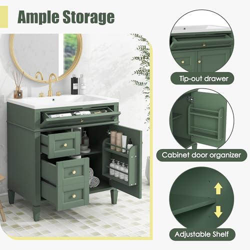 Linique 30" Bathroom Vanity with Sink Combo Set, Solid Wood Frame Modern Bathroom Storage Cabinet with 2 Drawers and a Tip-Out Drawer, Soft Closing Cabinet Door with Organizer, Green Linique
