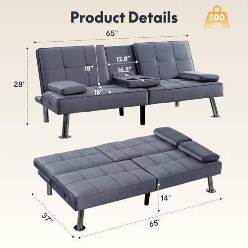 FLEXISPOT XCT3 Futon Sofa Bed with USB & Type-C Charging Port, Convertible Sleeper Couch with Adjustable Backrest, Folding Loveseat for Small Space, Living Room, Guest Room, Apartment (Velvet, Gray) FLEXISPOT