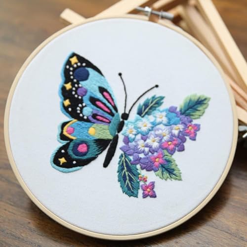 FREFTA 3 Pack Butterfly Embroidery kit for Beginners to Advanced, Floral Hand Embroidery & Cross Stitch mini Tool Kit with Stamped Patterns, Hoop, Threads & Needles, DIY Starter Kit with Instructions