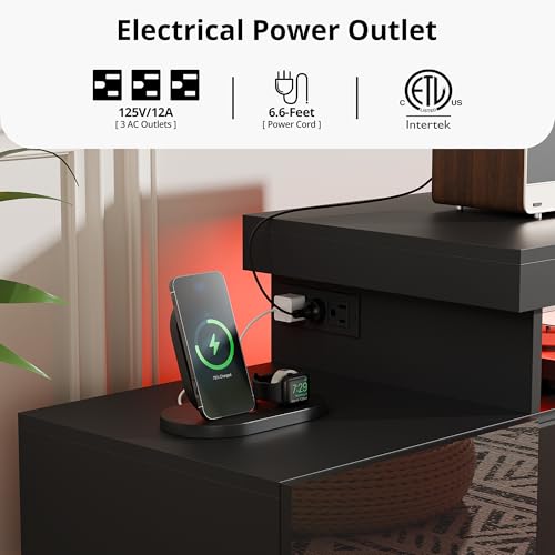 Cozy Castle 73.2 Inch Fireplace TV Stand with Storage,30" Electric Fireplace,LED Entertainment Center Tv Console for 65 70 80"Tv,High Gloss Modern Tv Stand with Charging Station for Living Room,Black Cozy Castle