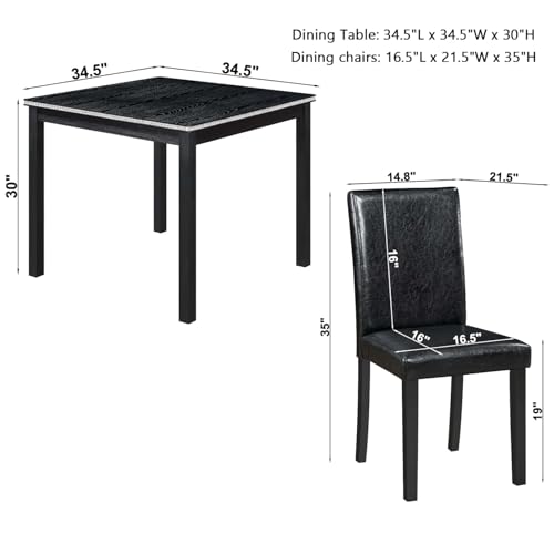 Trygoal Dining Table Set for 4, 5-Piece Dining Room Table Set with Square Crystal Decoration Table & 4 Upholstered Backrest Chairs, Counter Height Kitchen Sets with Faux Wood Grain Design, Black Trygoal