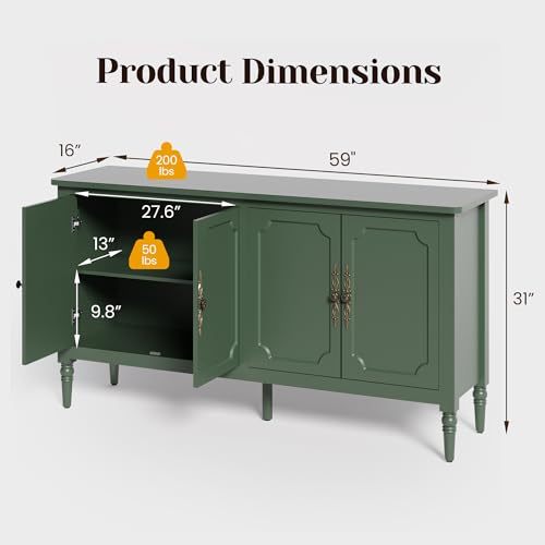 RoyalCraft Modern Buffet Sideboard Set of 2, 58'' Mid Century Modern Console Table, Media Credenza Cabinet with 4 Doors, Accent Cabinet for Entryway, Living Room, Forest Green RoyalCraft