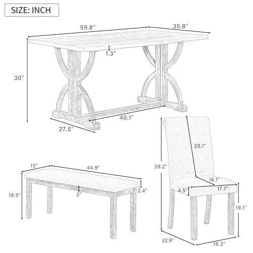 Merax 6-Piece Retro Rectangular Dining Table Set, Table with Unique Legs and 4 Upholstered Chairs & 1 Bench for Dining Room and Kitchen, Natural Wood Wash Merax