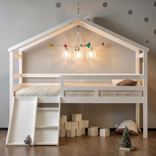 PVWIIK Twin Size Low Loft Bed with Slide for Kids,Girls,Boys Bedroom,Wood House Roof Frame with Inclined Ladder,Easy to Assemble,Under Bed Storage,White PVWIIK