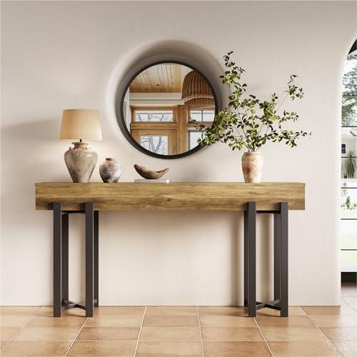 LITTLE TREE 63-Inch Console Table for Entryway, Industrial Behind Couch Table, Minimalist Sofa Table for Living Room, Rustic Brown Wooden Hallway Foyer Table with Black Metal Frame LITTLE TREE