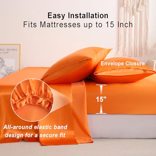 NTBAY Silk Satin Full Sheet Set, 4-Piece Luxury and Soft Bedding Set Cooling Silky Sheets for Hair and Skin, Includes 2 Pillowcases, 1 Flat Sheet, 1 Fitted Sheet with Deep Pocket, Orange NTBAY