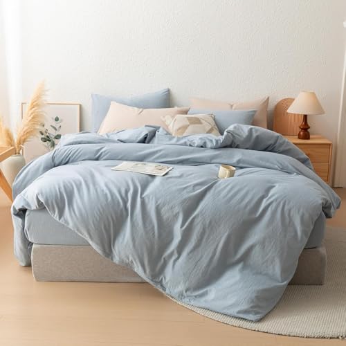 linenestbedding 100% Washed Cotton Duvet Cover Set Queen Size with Bag, Ultra Soft and Lightweight, All Season Bedding with Zipper and Ties, Minimalist Neutral Style (Dusty Blue, Queen(90"x90")) linenestbedding