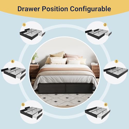 Allewie Full Size Metal Bed Frame with 2 Storage Drawers, Heavy-Duty Steel Frame with MDF Wood Panels, Flexible Drawer Placement, Easy Assembly, Noise-Free Support, Black Allewie