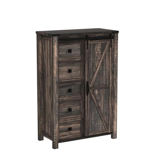 T4TREAM 5 Drawers Dresser for Bedroom w/Sliding Barn Door, Farmhouse Modern Tall Dresser 5 Chest of Drawers, Storage Organizer Dresser for Bedroom, Hallway, Living Room, Kids Room, Dark Rustic Oak T4TREAM