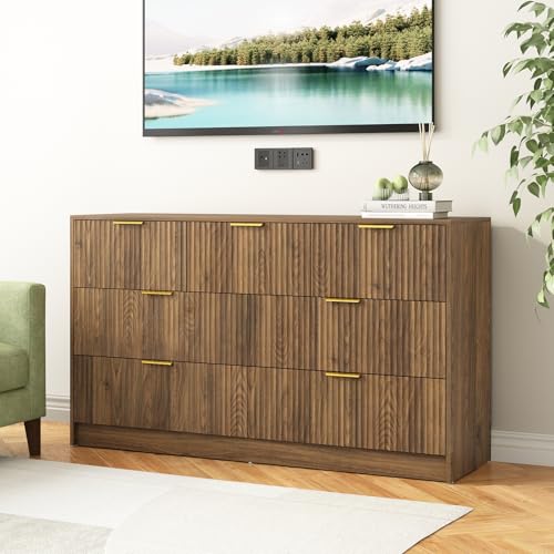 Sscaktu 7 Drawers Dresser for Bedroom,55" Wide Fluted Dresser with Deep Drawers, Modern Chest of Drawers, Mid Century Wood TV Stand Storage Organizer for Closet, Living Room, Hallway, Natural Sscaktu