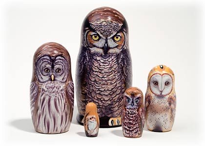 North American Owls 5 Piece Russian Wood Nesting Doll Matryoshka Stacking Dolls Golden Cockerel