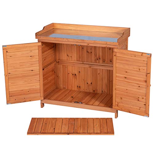 Outdoor Garden Patio Wooden Storage Cabinet Furniture Waterproof Tool Shed with Potting Benches Outdoor Work Station Table (Natural) GDLF