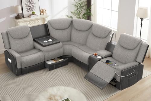 Dresegmt Home Theater Seating, Manual Recliner Sectional Sofa for Living Room, 5 Seater Reclining Sectional Couch with Flip-Up Backrest, Storage Console, USB Ports, Grey Linen & Chocolate Leather