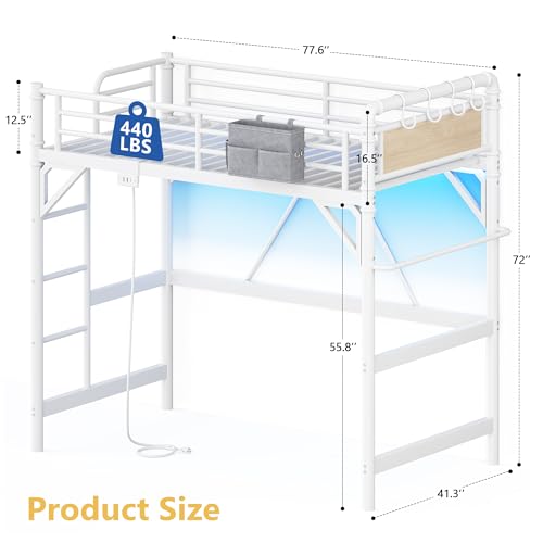 Twin Size Loft Bed with LED Lights and Charging Station, Industrial Heavy Duty Metal Loft Bed Frame with Ladder and Guardrail for Kids Adults, Small Space Saving Design for Bedroom Dorm, White Jocoevol