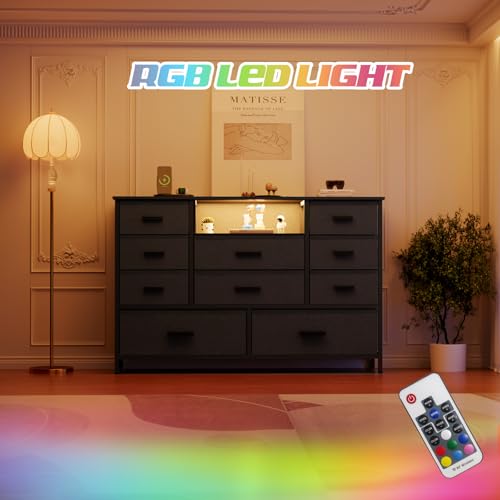 Harpaq Dresser with Charging Station, Black Dresser for Bedroom with 10 Drawers, TV Stand Dresser with LED Light for 55" TV, Fabric Drawer Dresser with PU Finish, Chest Dresser for Bedroom, Closet Harpaq