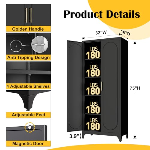 SteeLoong Kitchen Pantry Cabinet,75 Inch Black Metal Storage Cabinet with Door and Adjustable, Tall Pantry Cabinets for Kitchen Storage,Cupboard for Living Room,Dining Room and Bathroom SteeLoong