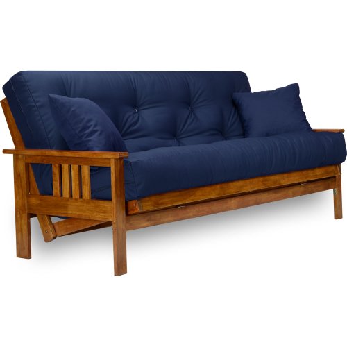 Nirvana Futons Stanford Futon Set - Full Size Futon Frame with Mattress Included (8 Inch Thick Mattress, Twill Navy Blue Color), Heavy Duty Wood, Popular Sofa Bed Choice Nirvana Futons
