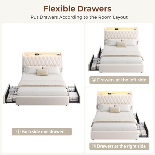 Queen LED Velvet Bed Frame with 2 Storage Drawers&Hidden Headboard, Upholstered Platform Bed with Charging Station&Button Tufted Design, Wooden Slats Support, Box Spring Optional, Easy Assembly, Beige Jocoevol