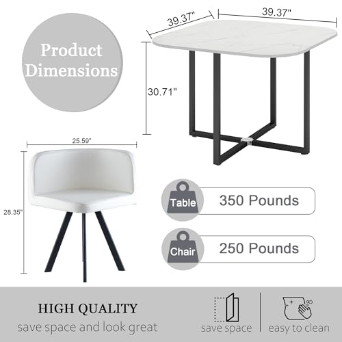 Square Dining Table Set for 4, 39" Small Conference Tables Set, Faux Marble Negotiation Table with Strong Metal Frame and 4 White PU Leather Upholstered Chairs, for Meeting Room, Office, Apartment AMHDDT