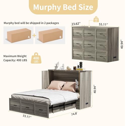 NEBZHASK Full Size Murphy Bed with Charging Station and Drawer Farmhouse Cabinet Bed Wood Space-Saving Hidden Folding Platform Bed Chest for Home Office Bedroom Guest Room Apartment,Gery