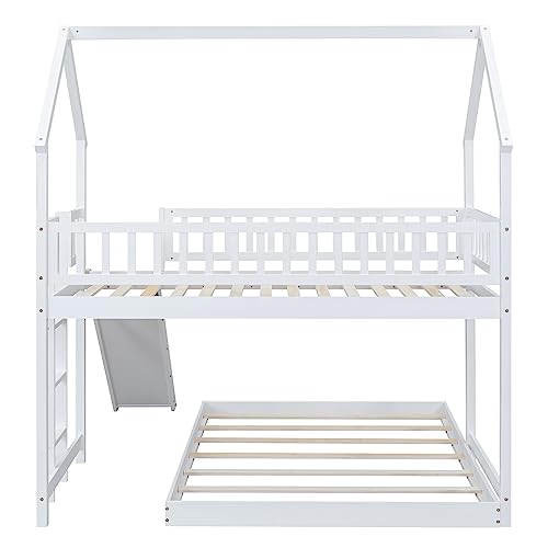 Twin Over Full House Bunk Beds with Slide,Kids Bunk Beds with House Shape and Slide,Solid Wooden House Bunk Bed with Slide and Built-in Ladder, Full-Length Guardrail for Kids Teens Girls Boys.(White) Bellemave