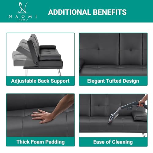Naomi Home Black Futon Sofa Bed Faux Leather Futon Couch with Armrest and 2 Cupholders Pull Out Sofa Bed Couch with Metal Legs Reclining Small Bed Black Couches for Living Room Naomi Home