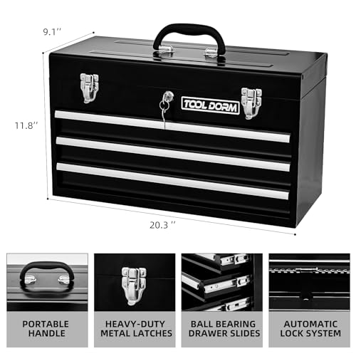 Tool Dorm 20.3“ Metal Tool Box with Drawer Portable Steel Metal Tool Box with Protective Liner and Metal Latch Closure and Lock for Garage, Home and Warehouse (Black-3 Drawers) TOOL DORM