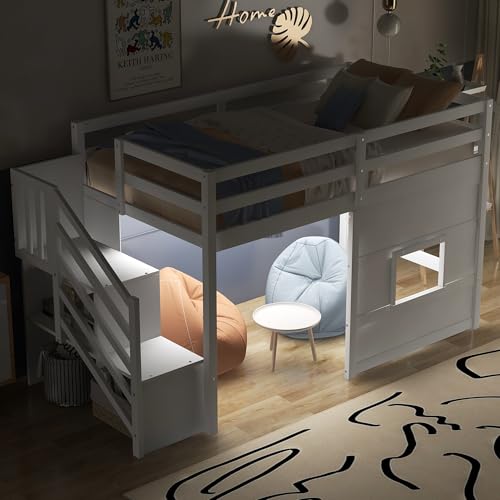 Bellemave Low Loft Bed with Stairs, Twin Size Storage Loft Bed Frame with Staircase and Window, Wood Kids Loft Bed with Steps for Boys Girls Teens, White Bellemave