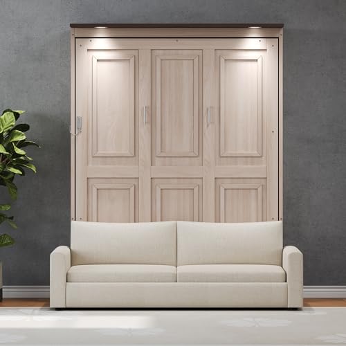 Merax Queen Size Wood Murphy Bed, with Upholstered Sofa Multifunctional Foldable Wall Platform Bedframe for Bedroom Guest-Room, Beige Merax