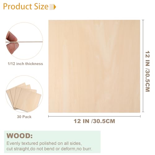30 Pack Basswood Sheets 12x12x1/12 Inch, Plywood Sheet Unfinished Wood Boards Blanks for Laser Cutting, Engraving, Burning, Crafts Ecurfu