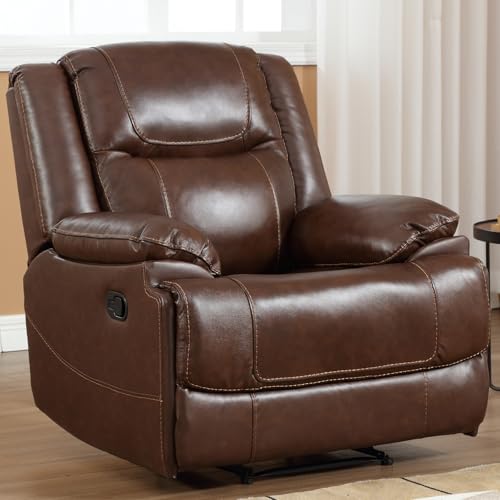 EBELLO Genuine Leather Manual Recliner Chair, Reclining Sofa Chair Couch for Living Room, Bedroom Furniture, Meeting Room, Brown EBELLO