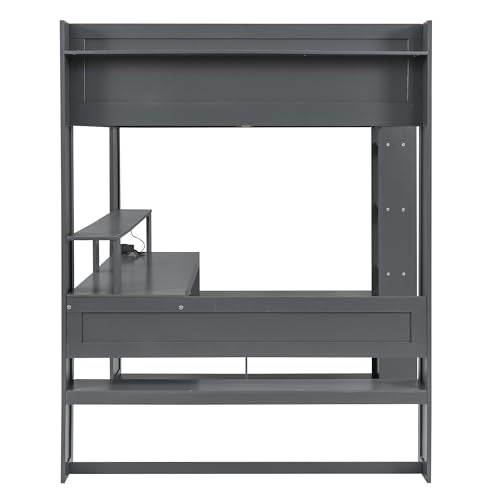 Brabrety Dark Gray Full Size Gaming Loft Bed with Desk, LED Lights and Storage Solutions Brabrety