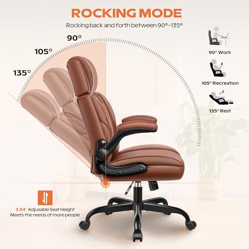 Ergonomic Executive Office Chair with Flip-Up Arms, Faux Leather Desk Chair with Lumbar Support, Adjustable Headrest Home Office Computer Gaming Chair, Comfy 360° Swivel & Rocking Function fidom