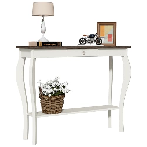 ChooChoo Narrow Farmhouse Console Table with Drawer, Chic Accent Sofa Entryway Table with Shelves for Entryway, Living Room, Hallway, Antique White & ChooChoo