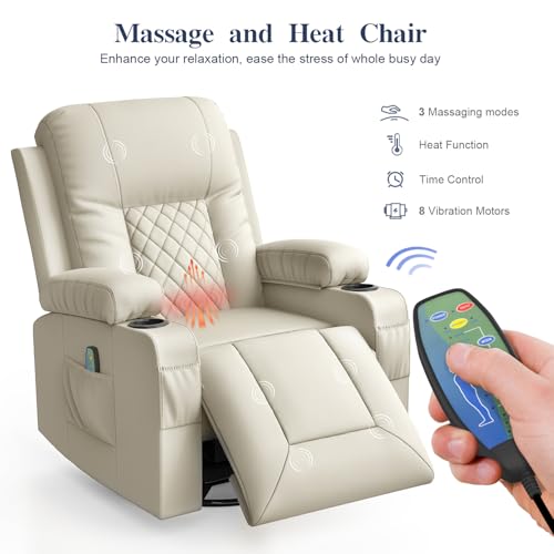 FURNIMAT Recliner Chairs for Adults, Massage Rocker with Heated Modern Ergonomic Lounge 360 Degree Swivel Single Sofa Seat Living Room Lounge Recliners Ivory White