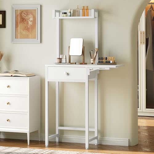 YATINEY Small Vanity Desk Without Mirror, Makeup Vanity Table for Small Space, Compact White Dressing Table with Fold-up Panel and Fabric Drawer, for Bedroom, Easy Assembly, White YATINEY