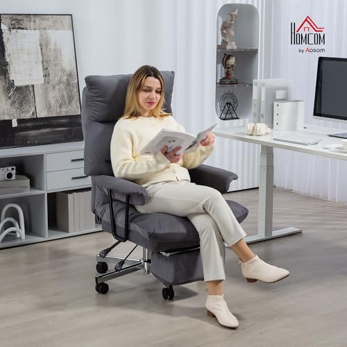 HOMCOM Large Overstuffed Office Chair with Lumbar Support, High Back Reclining Executive Corduroy Computer Desk Chair with Footrest, Swivel Wheels, Gray HOMCOM
