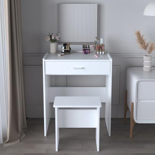NAIYUFA Vanity Desk,Small Vanity with Storage Drawer & Chair,Makeup Vanity Desk with Mirror,Modern Vanity Table Set for Bedroom Small Space,White NAIYUFA